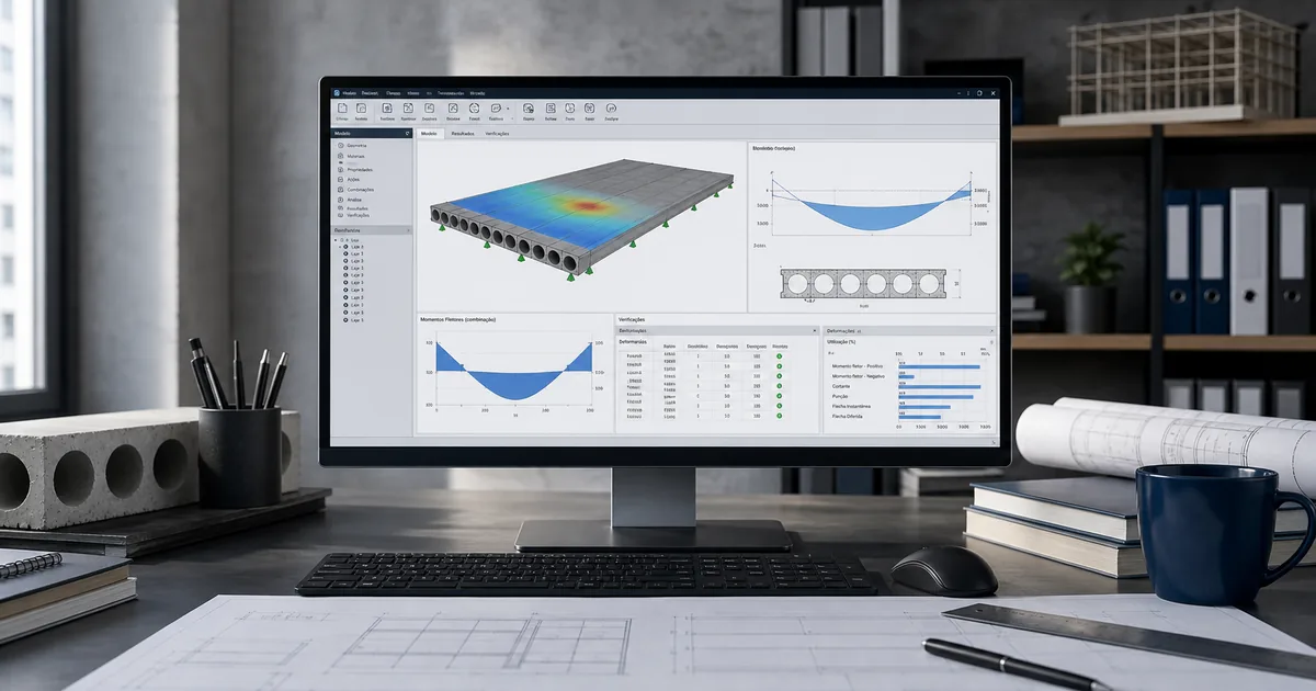 Tela de computador com gráficos de cálculo estrutural